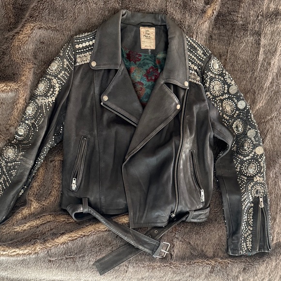 Free People Black Leather Moto Jacket with Embellished Sleeves - Picture 2 of 5